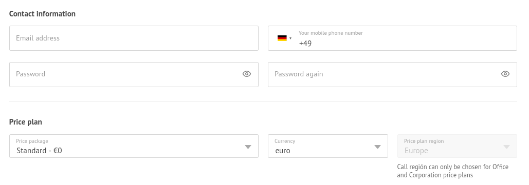 Zadarma create account