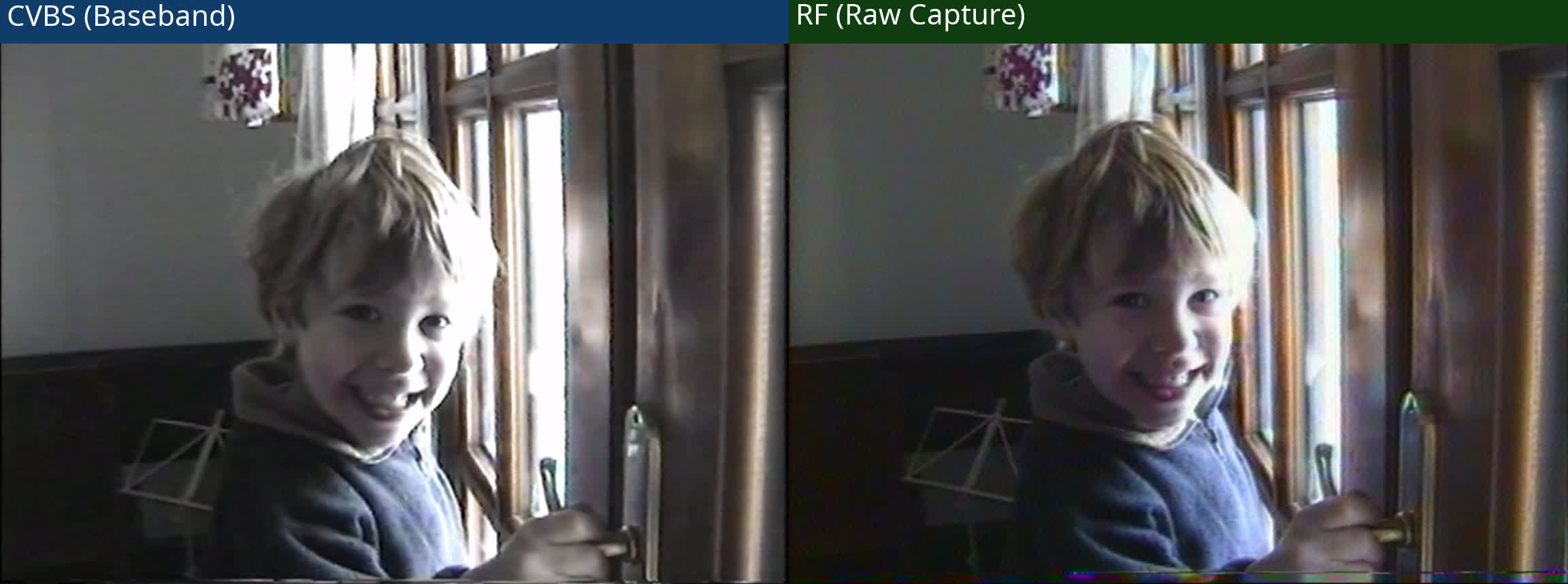 Side-by-side comparison of CVBS baseband capture and raw RF capture from the same Video8 frame