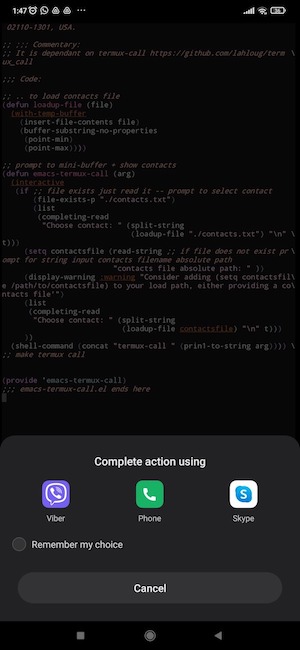 emacs-termux-call.el in use