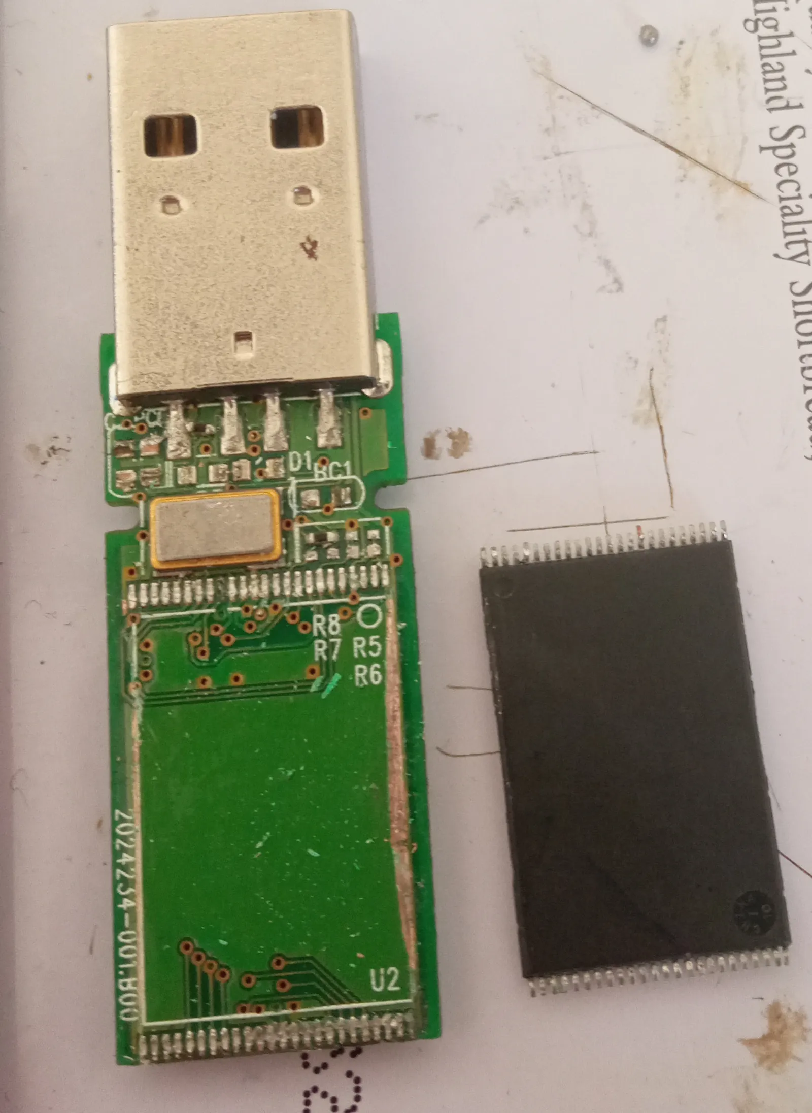Showcasing NAND chip removed and PCB